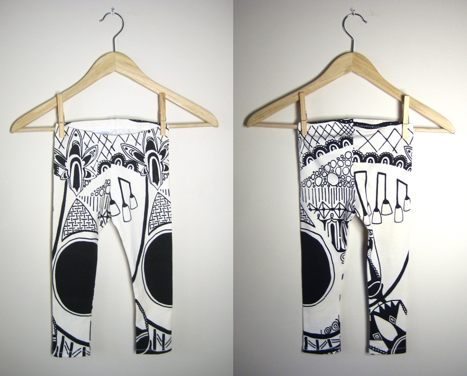 KIDS LEGGINGS - hand screen printed leggings, organic cotton leggings, black and white, patterned leggings, egyptian, tribal, geometric
