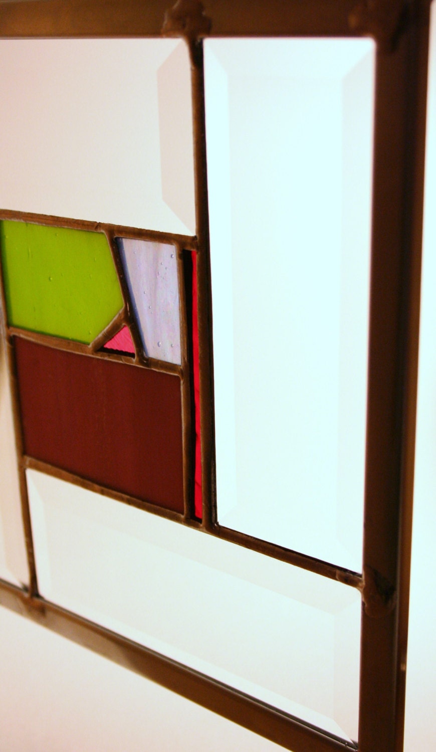 Modern Stained Glass Geometric Craftsman Beveled Panel Pink, Red, Periwinkle and Olive