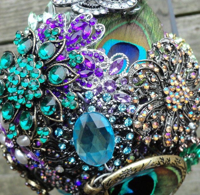 X-Large Peacock Brooch Bouquet - Blue, Purple, Green - Made to Order