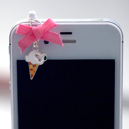 Kawaii ICE CREAM CONE with Pink Bow Iphone Earphone Plug/Dust Plug - Cellphone Headphone Handmade Decorations