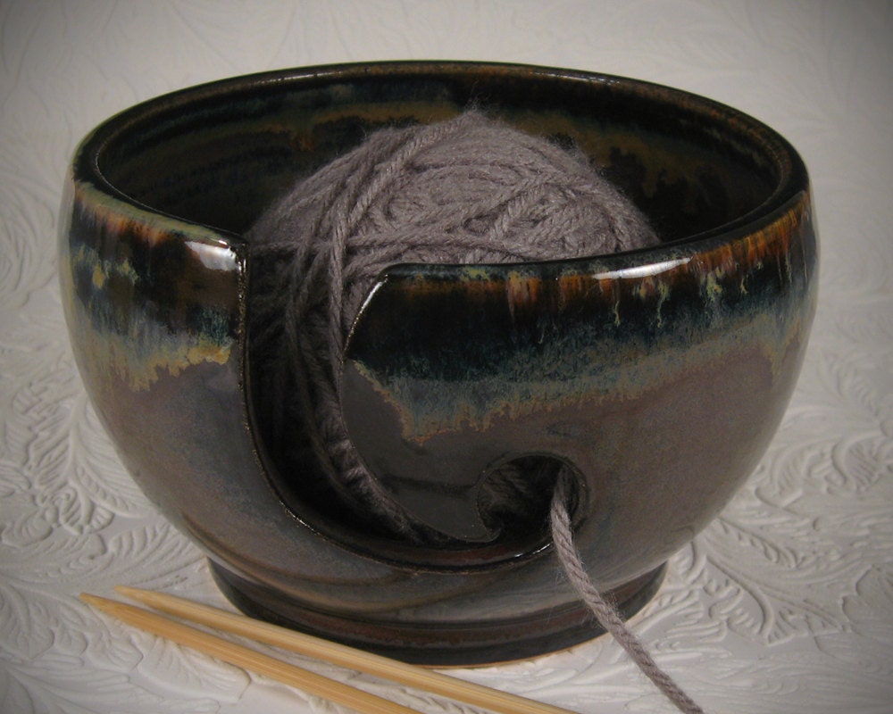 Yarn / Knitting Bowl - flowing dark glazes - Wheel Thrown Stoneware by Seiz Pottery