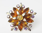 Vintage Amber molded glass Flower brooch rhinestone aurora borealis