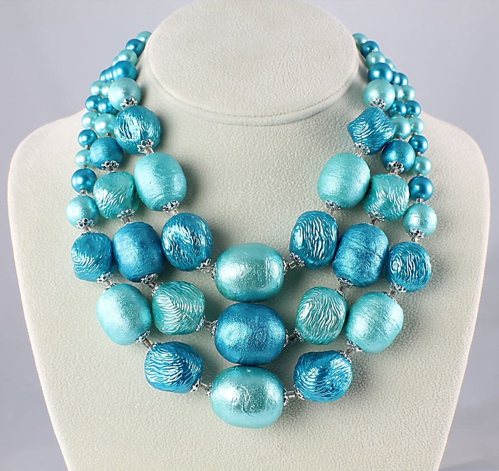 Vintage Turquoise Blue Pearl Papier Mache bib Necklace