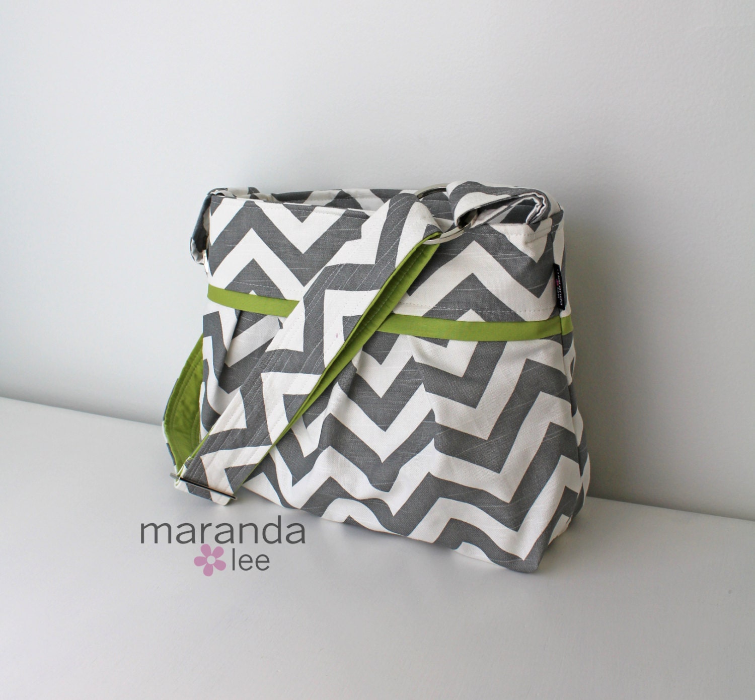 Stella Chevron Diaper Bag Medium Grey Chevron with Green- 6 pockets Adjustable Strap Attach to Stroller