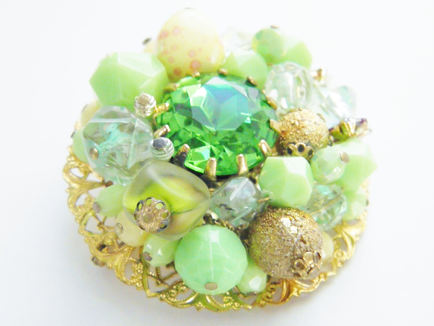Vintage Jadite Green Beaded Rhinestone Brooch 30s