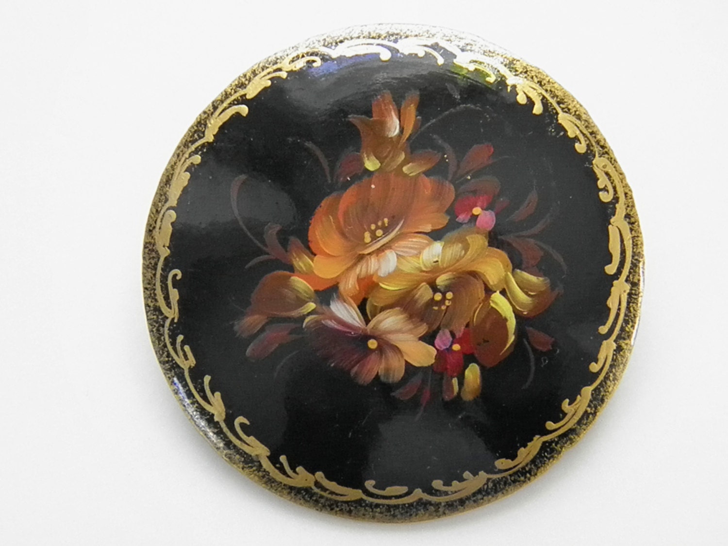 Vintage Hand Painted Russian Black Lacquer Flower Brooch