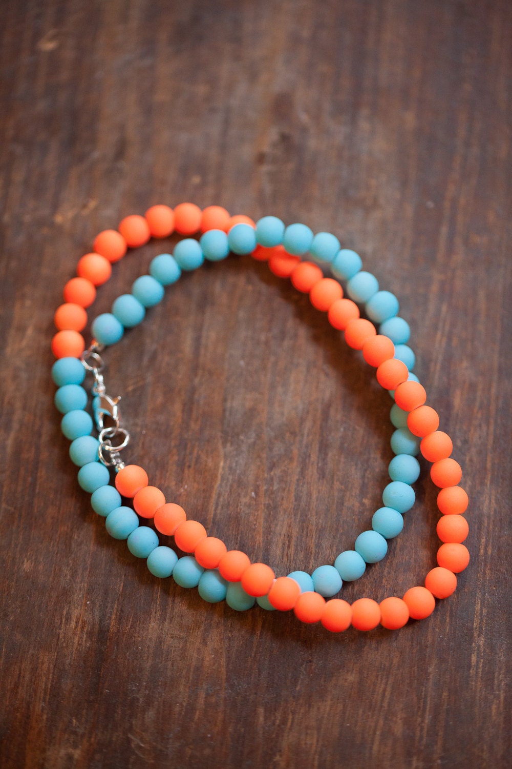 Neon orange and baby blue Matte glass bead Necklace . Summer . 80's style . Wild thing . Gift for her
