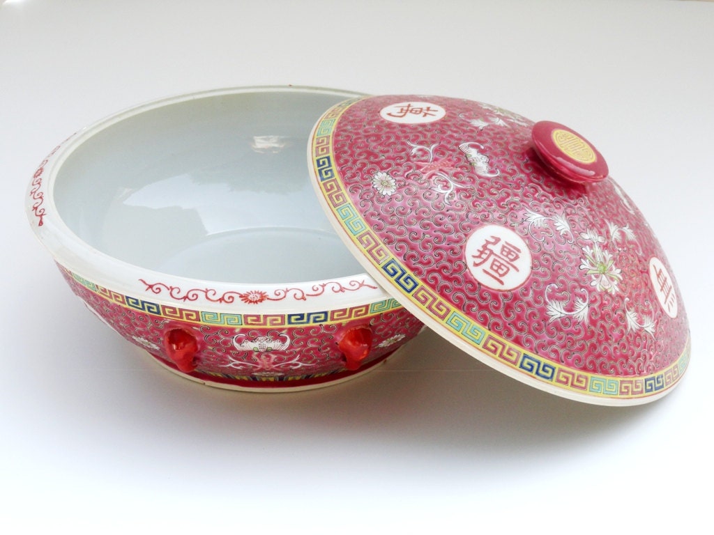 Vintage Asian Lidded Casserole Longevity and Happiness