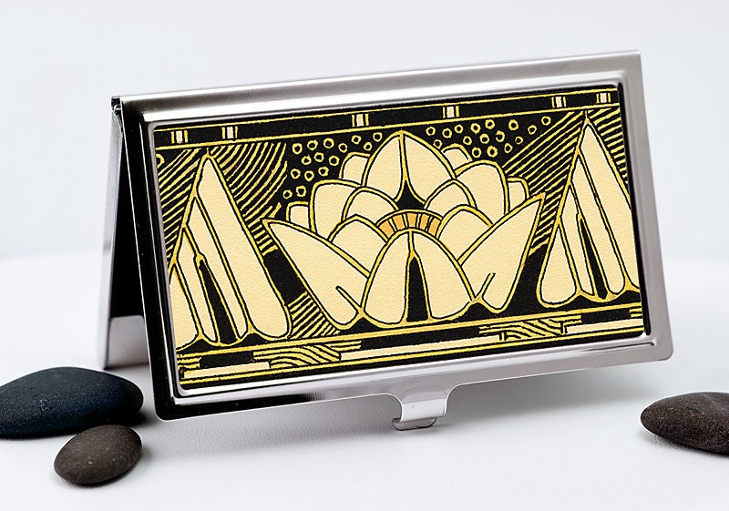 Handmade Business Card Case, Art Deco Black and Gold Lily, Vintage Style Credit Card Case, Men or Women's Accessory