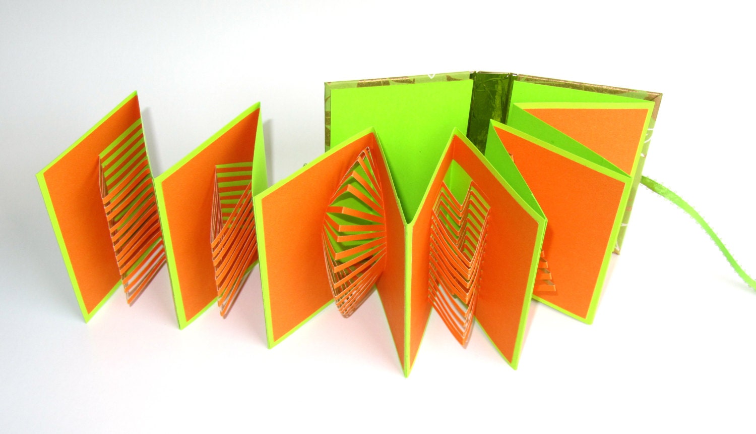 POP UP ACCORDION Book w/Hard Cover Original Hand Cut 6 Origamic Architecture Sculptures Home Decor In Orange and Neon Green OOaK