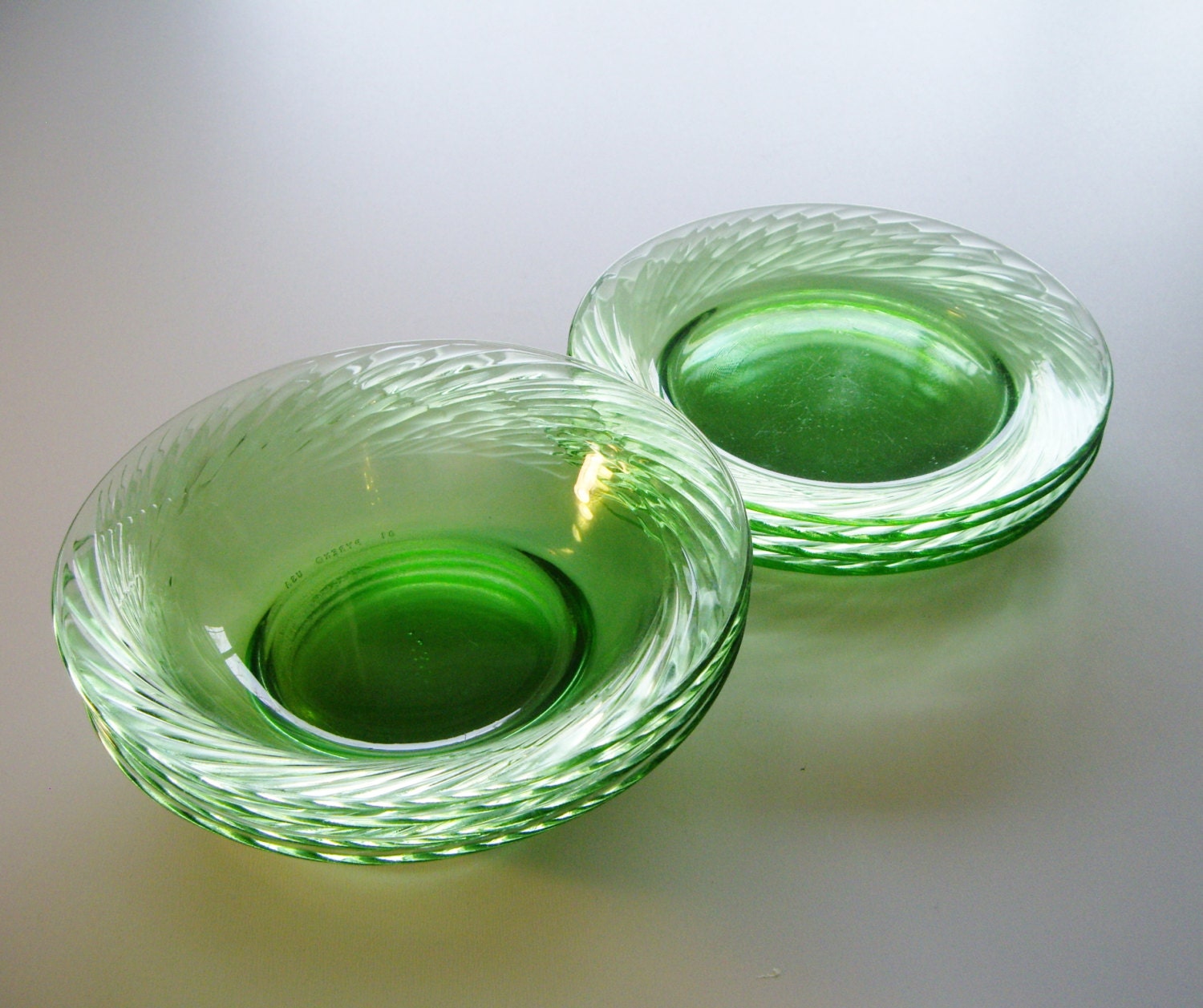 Vintage Glass Plates and Bowls - Pyrex Festiva Swirl - Green Glass - Lunch Set of 8 - 4 Bowls and 4 Side Plates