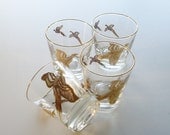 Vintage 22k Gold Rocks or Old Fashioned Glasses - Bird or Pheasant Hunting Scene - Mid Century Barware