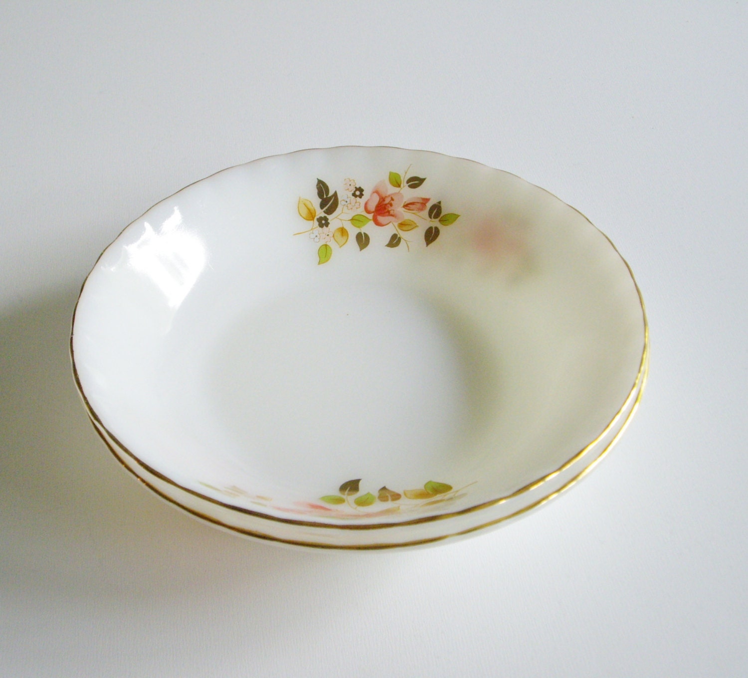 Vintage Milk Glass Bowls - Gold Trim and Leaves with Flowers - Set of 2 Marked JH in Oval