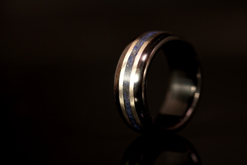 Ebony Wooden Ring with Dual 14k White Gold Inlays and Lapis Stone