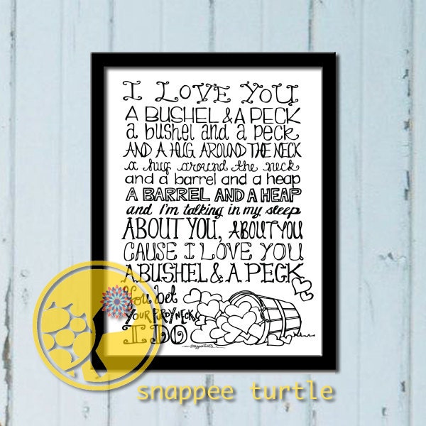 I Love you a Bushel and a Peck, black and white, 8x10 Art Print, Original Hand Drawn Ink Illustration, Nursery Art, Gift
