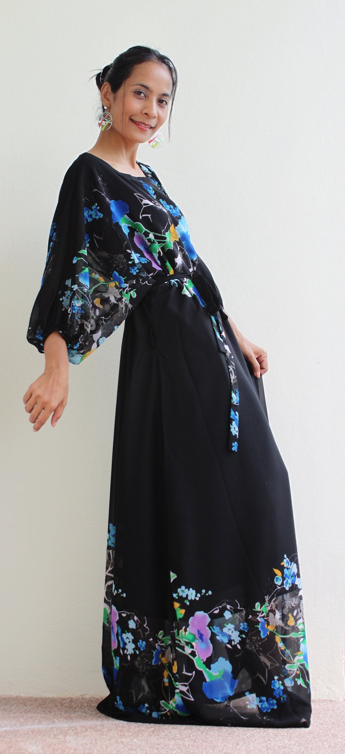Black Dress with Blue Floral Print : She walks in beauty Collection