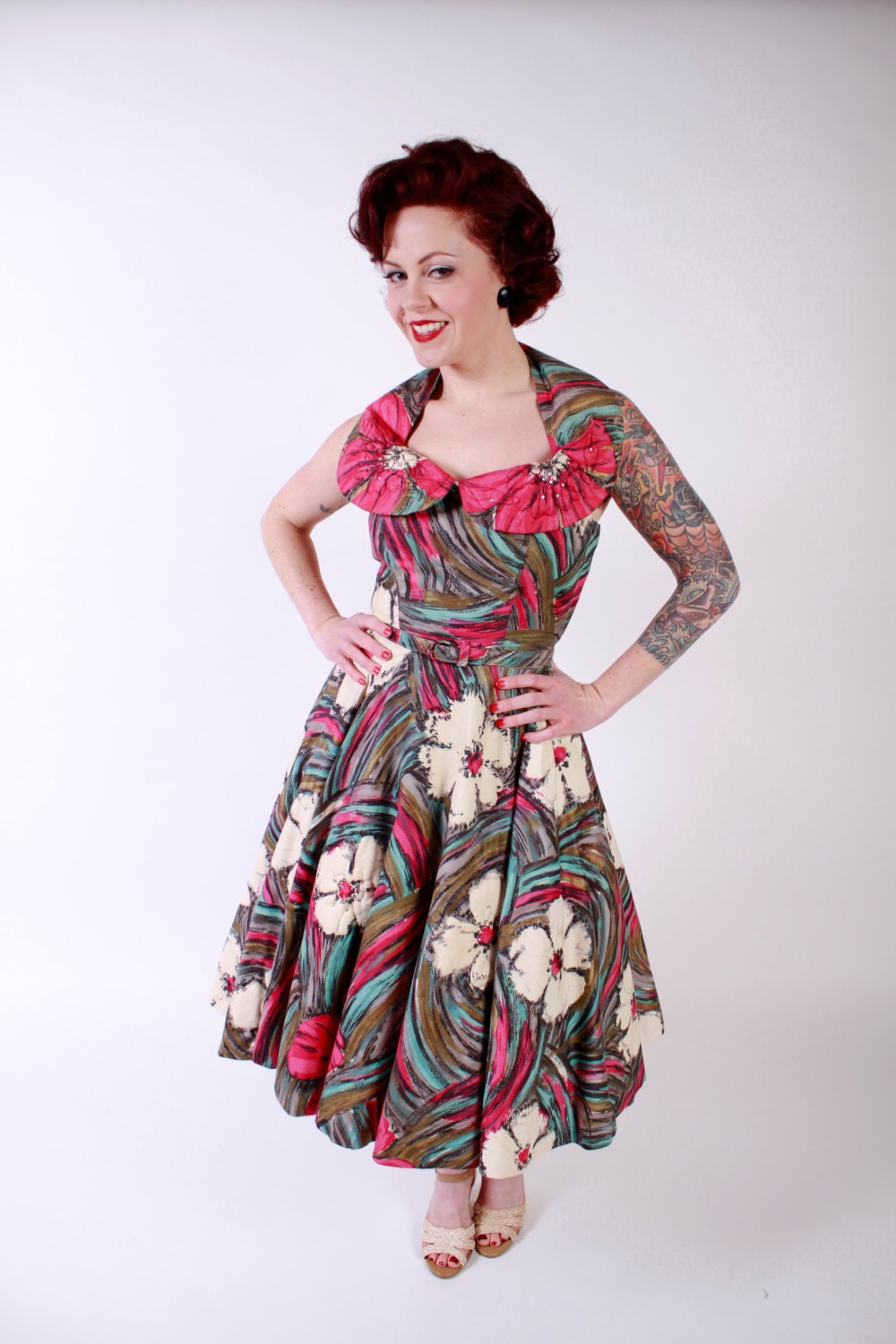1950s Vintage Dress...Killer Spring Fashion Cotton Gold Pink Blue 50s Halter Dress with Quilted Accents and Rhinestones Size Small