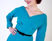 1950s Vintage Dress...Fall Fashion Bright Turquoise Wool Jersey 50s New Look Dress by Suzy Perette Size Medium