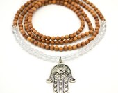 SALE - Bayong Wood & Aquamarine Hamsa Hand Necklace, Yoga Jewelry, Mala Beads,