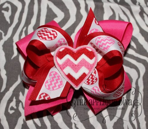 Valentine Chevron Heart Hair Bow Center Digital Embroidery Design Machine Applique