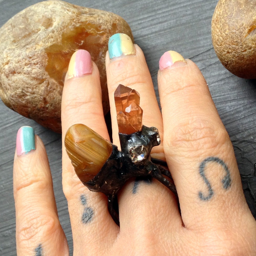 Large Tribal Ring, Rhinestones Quartz Crystal and Agate, Free Form Rock Garden Landscape Chunky Ring, golden peach tangerine