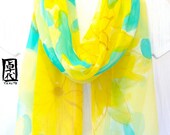 Hand Painted Large silk scarf Green Silk Scarf, Citrus Mint Pastel Green Flowers. Silk Chiffon Scarf. 14x70 in. Made to Order.
