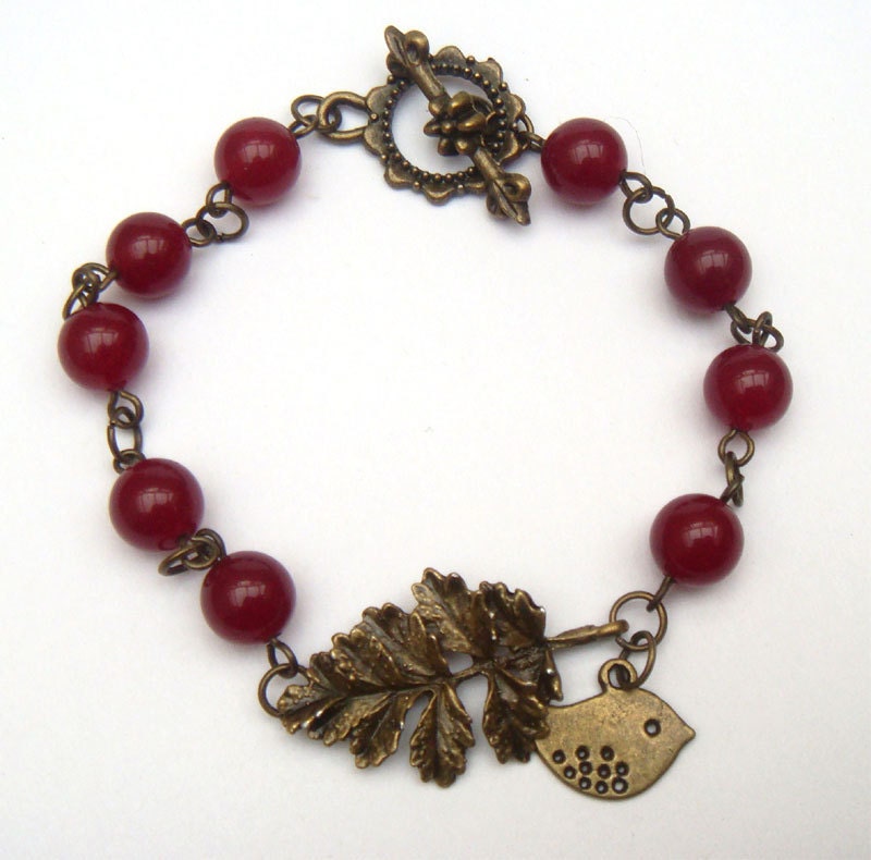 Antiqued Brass Bird Leaf Jade Bracelet