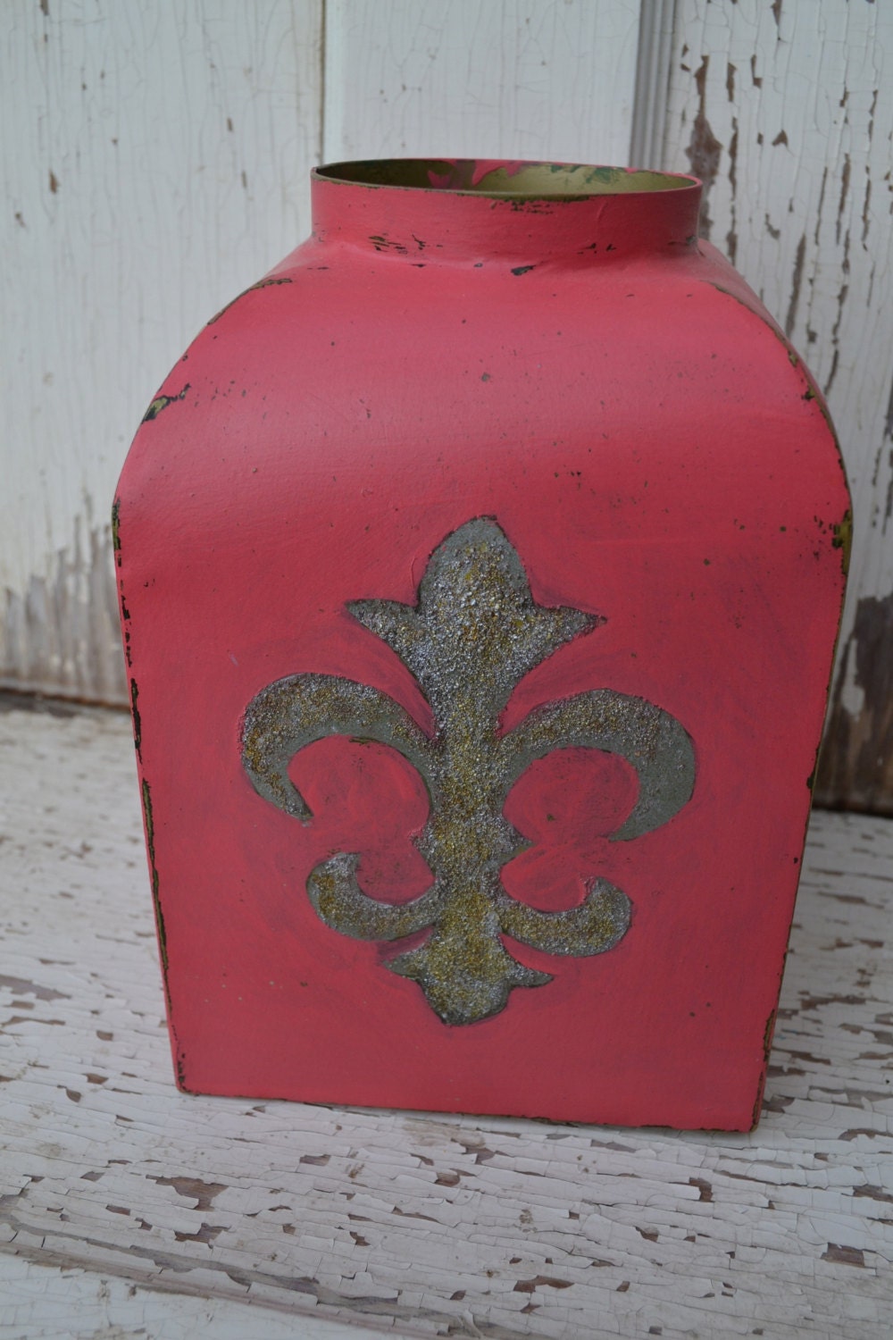 Upcycled large bucket Fleur De Lis pink chalk paint vase modern home decor bright housewares