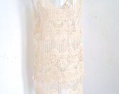 Vintage 70s 60s Lace Guipure Crochet Flapper mini dress scallop fringe... Hippie Boho ... Cream ... 10 8
