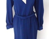 Vintage Dereta of England London peter pan nautical pussy bow  Tea Dress 14 12 blue white Pin Up