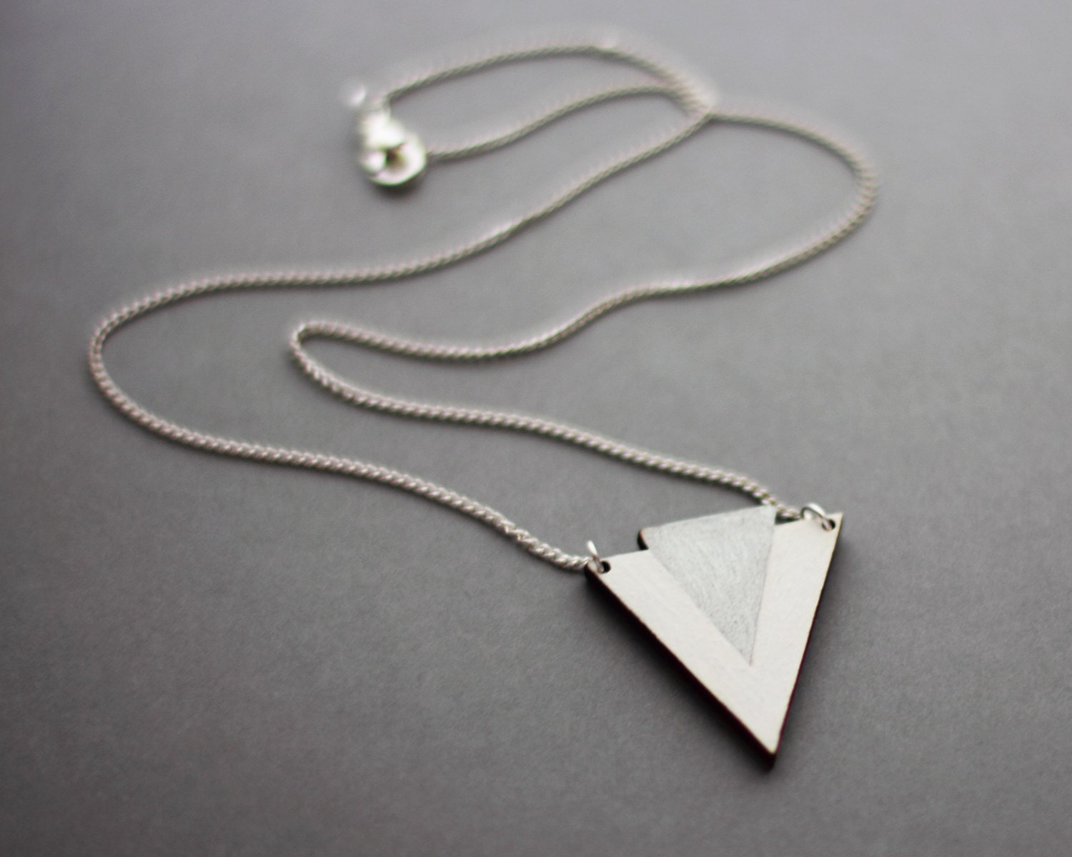 Wooden Double Triangle Necklace (White - Silver) - Modern Handmade Jewellery