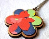 Vintage Wallpaper Flower Pendant - Coral Red Blue Field 1 - One Of A Kind
