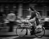 Black white street bike, Street in Amsterdam fine art print, For bike lovers, Fine art print, speeding street bike  8 x 12''