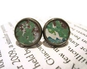 Green and White Leather Stud Earrings, Leather Earrings, Earstuds