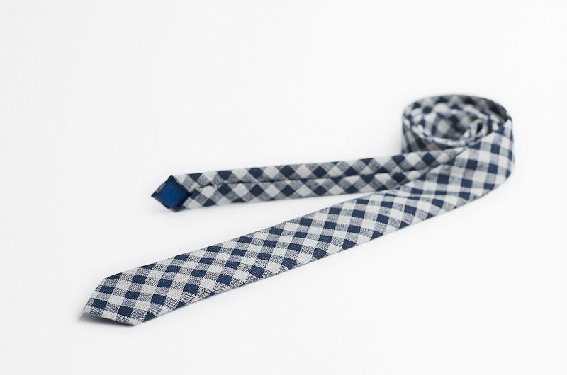 Plaid tie, blue and grey necktie, skinny