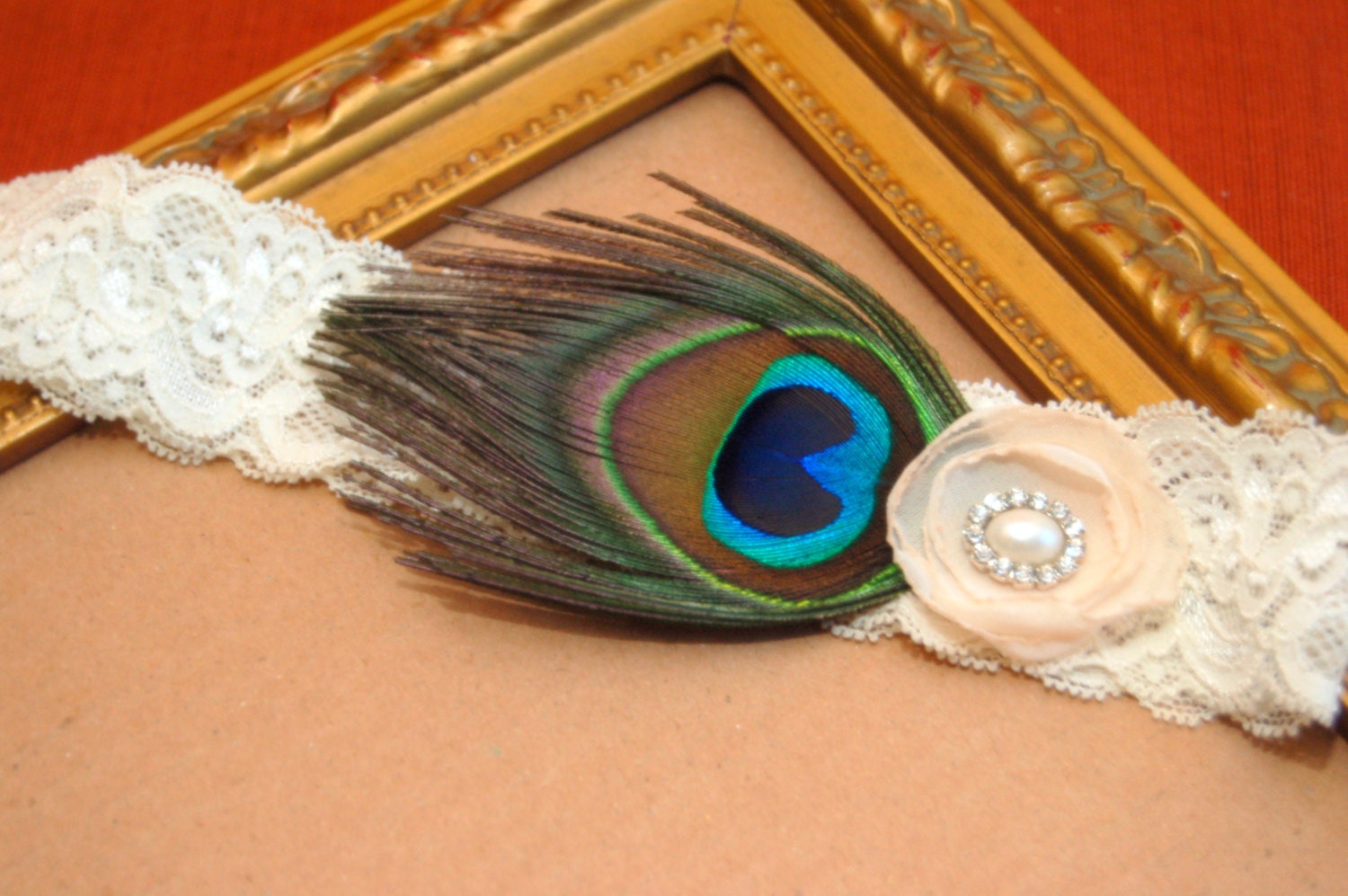Peacock Feather and Chiffon Flower Headband on Ivory Lace Elastic