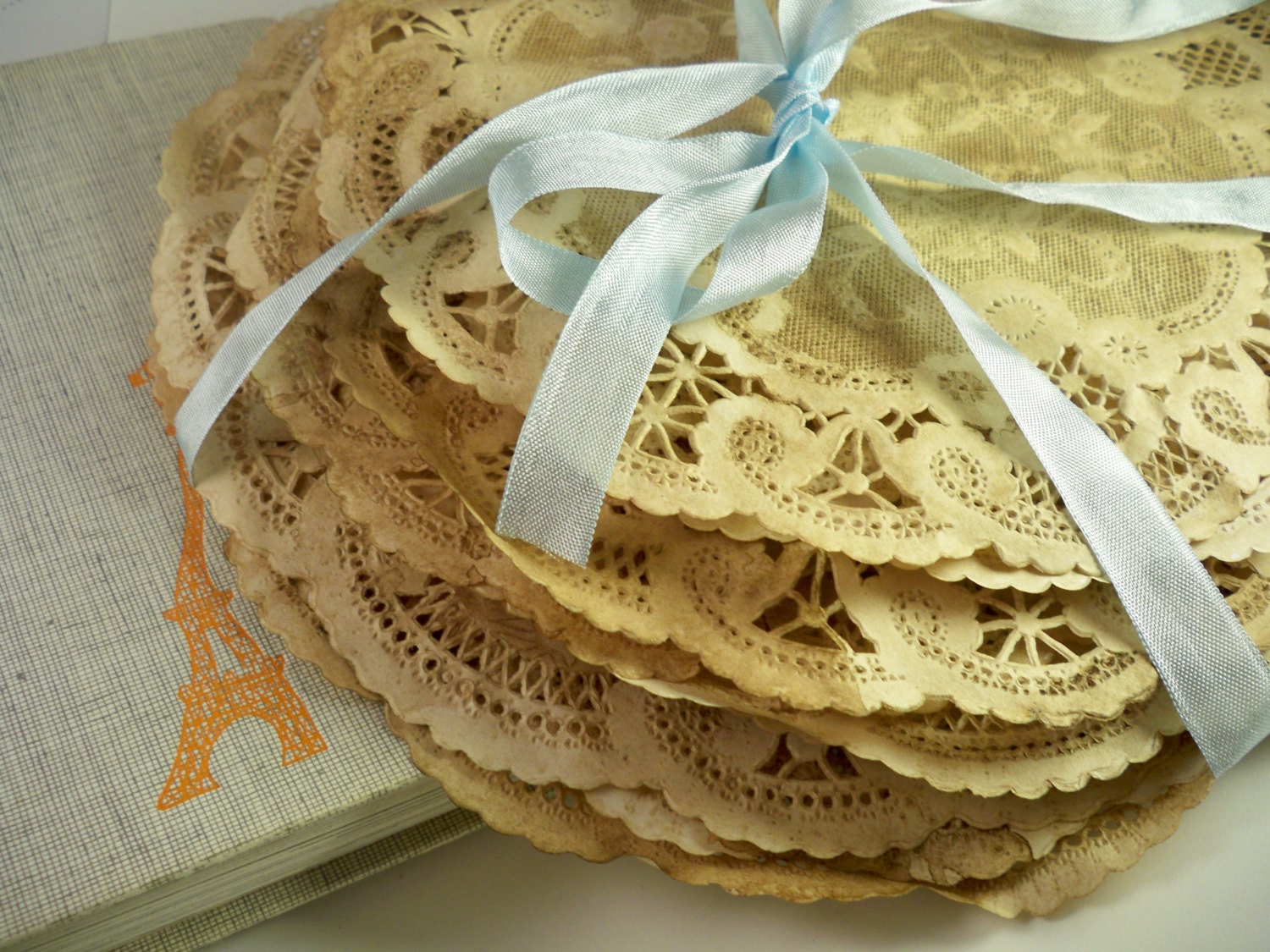 10 inch and 8 inch Paper Doilies. Vintage Wedding Doily. Place Mat. French Lace Gift Wrap. Shabby Chic. Rustic. Stained Old Fashioned.