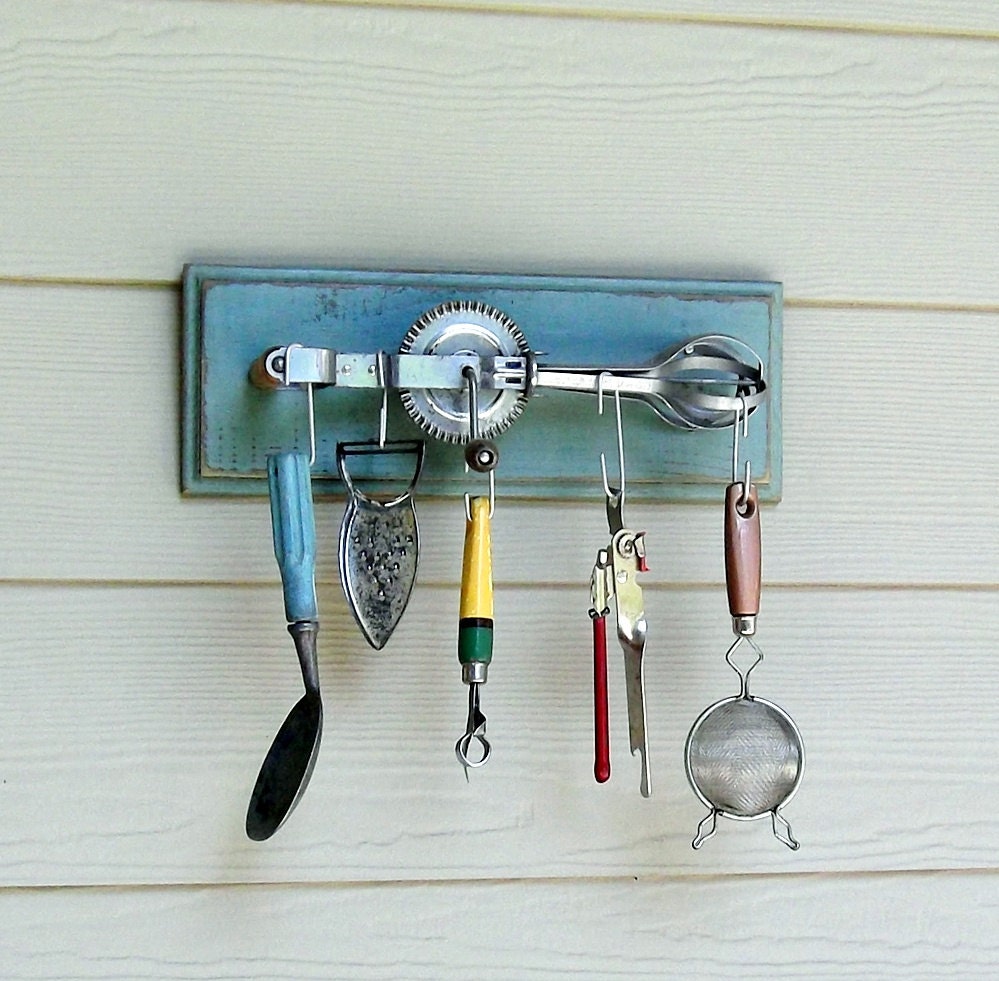 Vintage Wall Hanger, One of a Kind Kitchen Hanger, Repurposed Vintage Egg Beater, Aqua Kitchen Wall Rack, Recycled,, Whimsical, Reclaimed