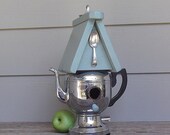 Repurposed Coffee Pot Birdhouse, One of a Kind,  Aqua Birdhouse, Vintage Percolator,  Whimsical, Recycled Silverware, Kitchen Birdhouse