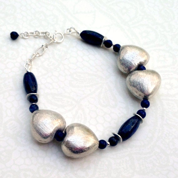 Navy Blue Lapis Bracelet Mother Daughter Sterling Silver Heart Jewelry Gemstone Jewellery