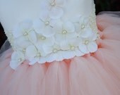 Flower girl dress. Peach with Ivory Flower and Fearls. baby tutu dress, toddler tutu dress, wedding, birthday, Newborn, 2t,3t,4t,5t