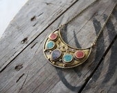 Crescent Brass Pendant Necklace with stones