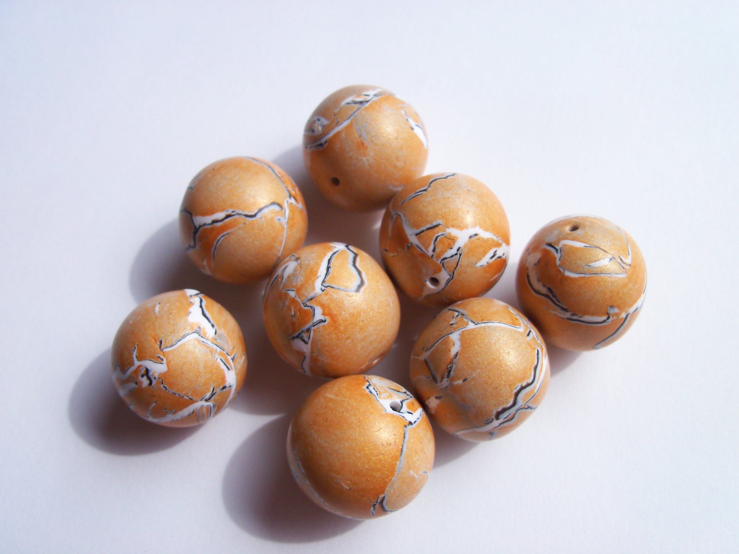 Polymer Clay Beads, 15 mm, gold black white, set of 8, watercolor torn paper