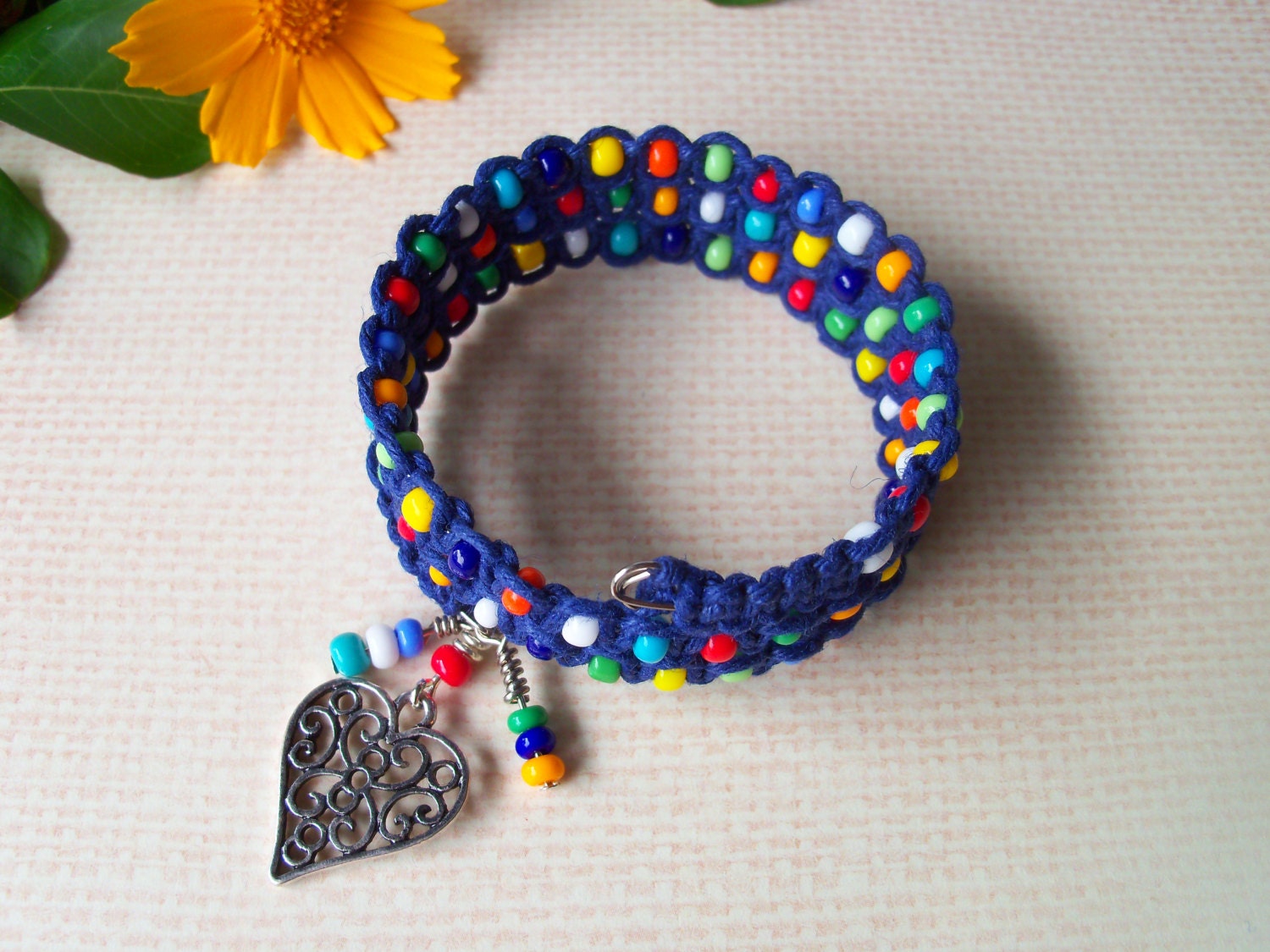 Hemp Memory Wire Bracelet, beaded wrap bracelet, denim blue with multi colored beads