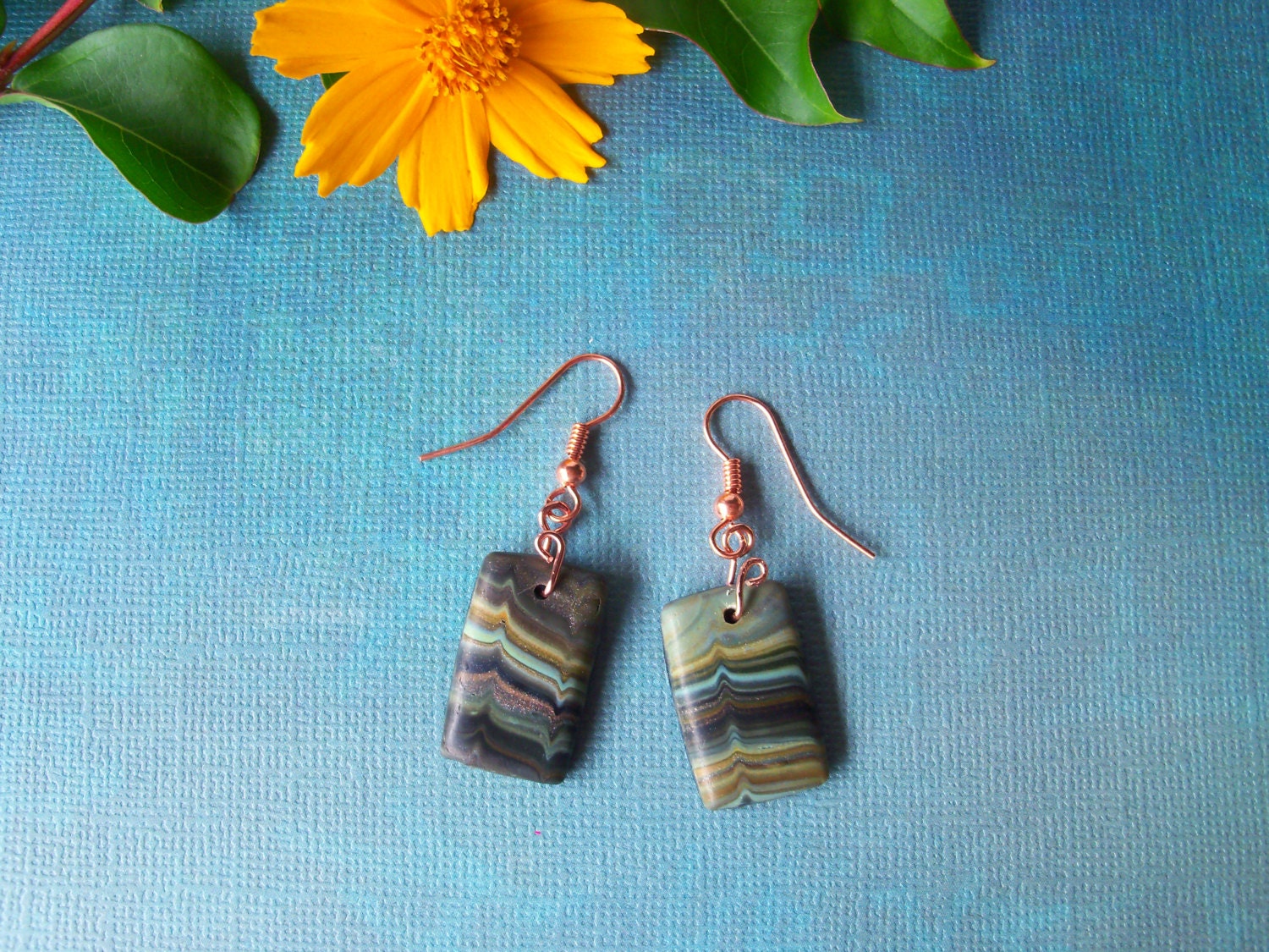 Polymer Clay Dangle Earrings, polished stone