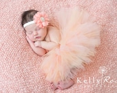 Newborn tutu peach matching fabric flower headband pearl center great photo prop