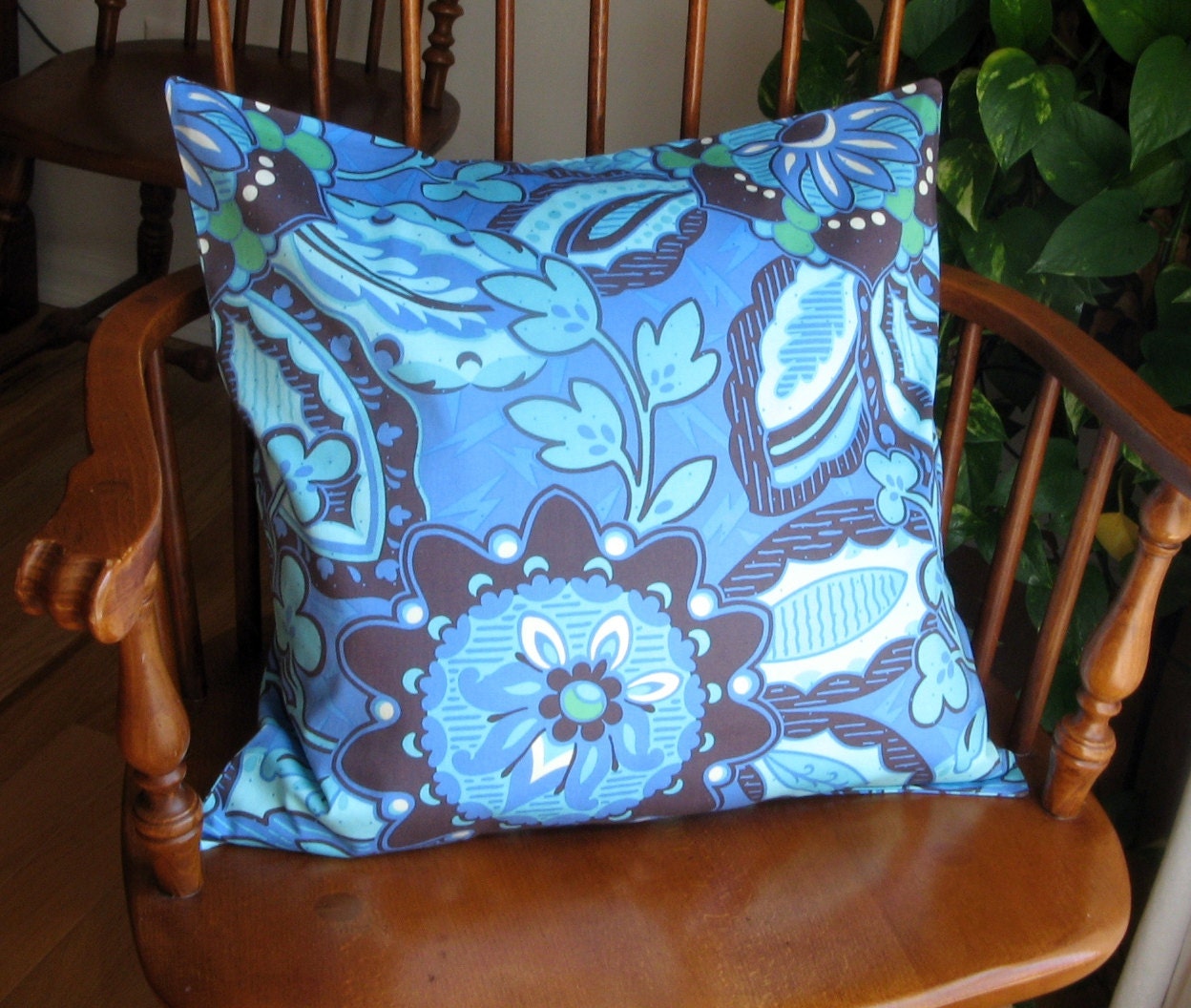Blue Amy Butler Pillow Cover, Teal and Brown Floral Slipcover, Washable, 18 Inch