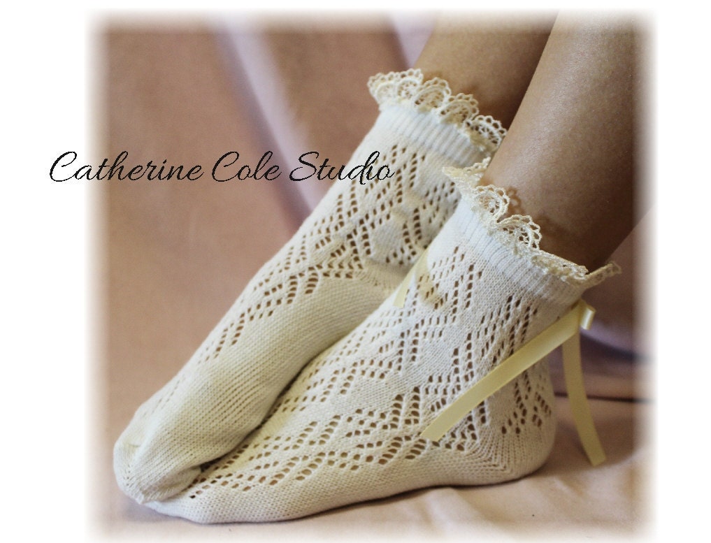Pointelle Paris Peek a Bow  Lace socks for heels CREAM Baby doll, 80"s inspired  crochet lace socks flats or heels Catherine Cole Studio CS5