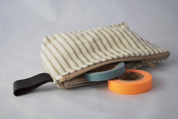 Zippered Pouch with Flat Bottom - Creme with Brown and Blue Ticking and Leather Tab