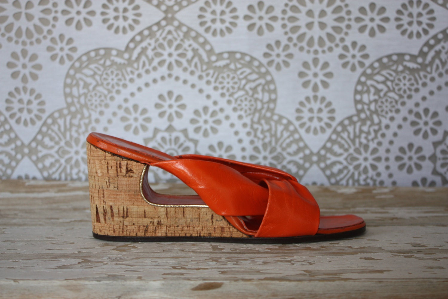 Women's Vintage 1960's 70's La Rose Orange Sandals with Cork Wedge Heel 9.5 N